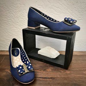 New Ruby Shoo Navy Polka Dot Bow Block Heel Shoes